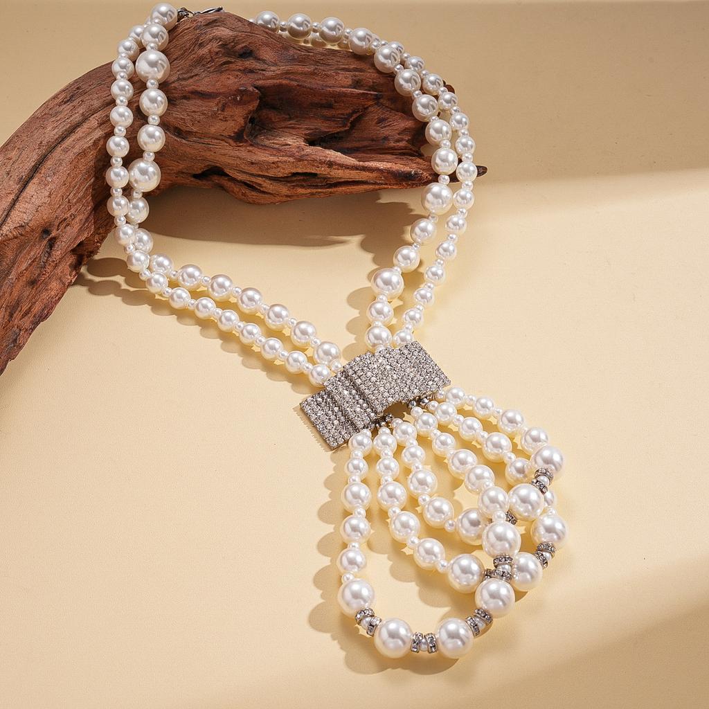 Diamond-encrusted glass pearl knotted double-layer necklace, personalized exaggerated adjustable necklace