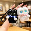Charming Black Cat Lanyard with Big Eyes and Fish Plush Pendant for Couples