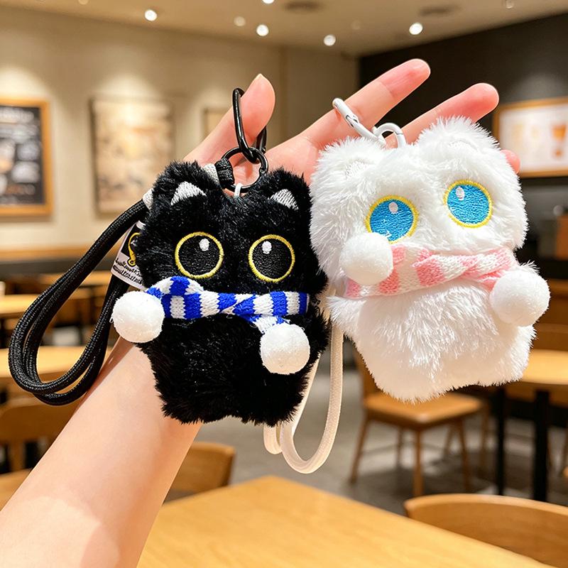 Charming Black Cat Lanyard with Big Eyes and Fish Plush Pendant for Couples