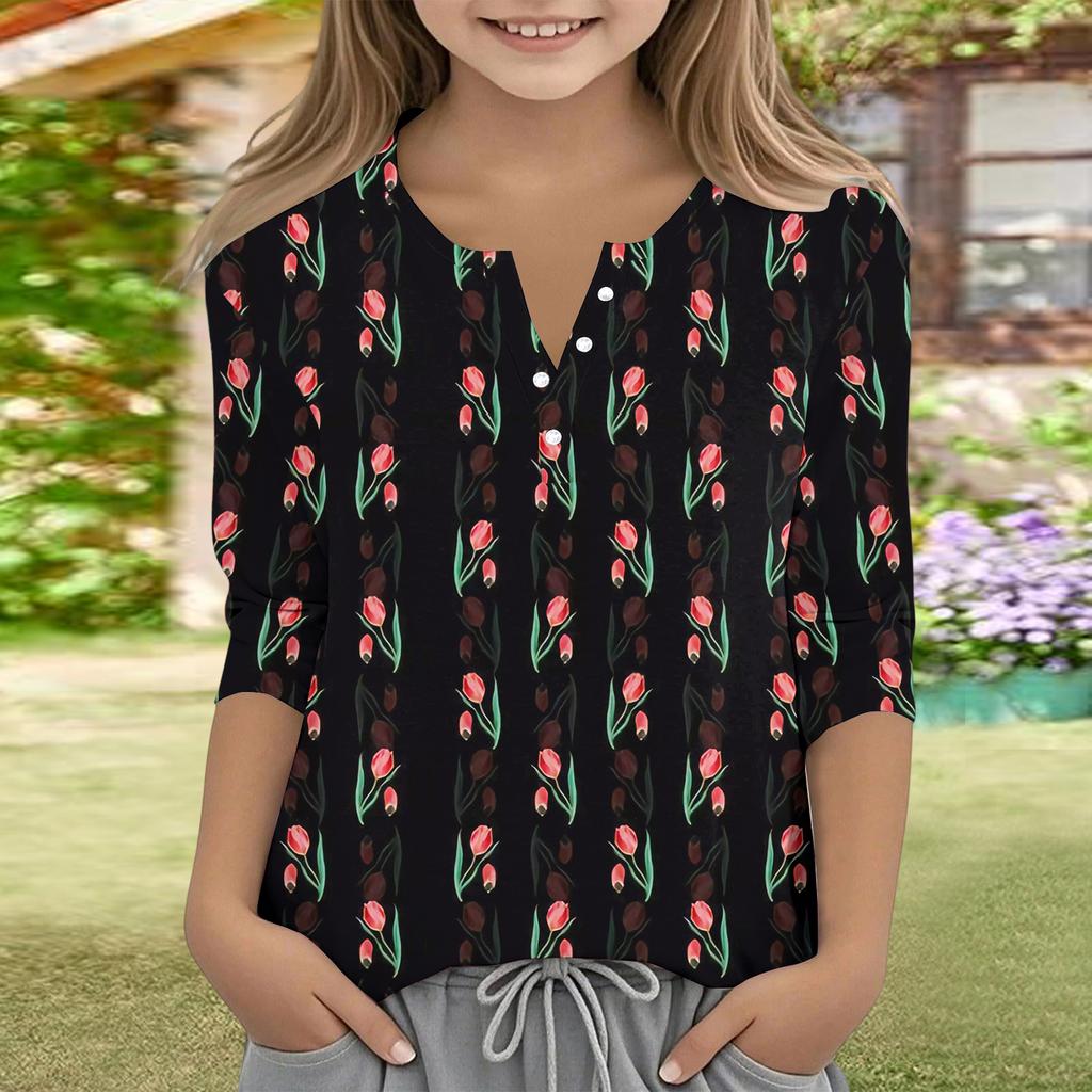 Print Tops For Youth Girls V Neck Button 3/4 Sleeves T-Shirts Trendy Tops Outfit Tees