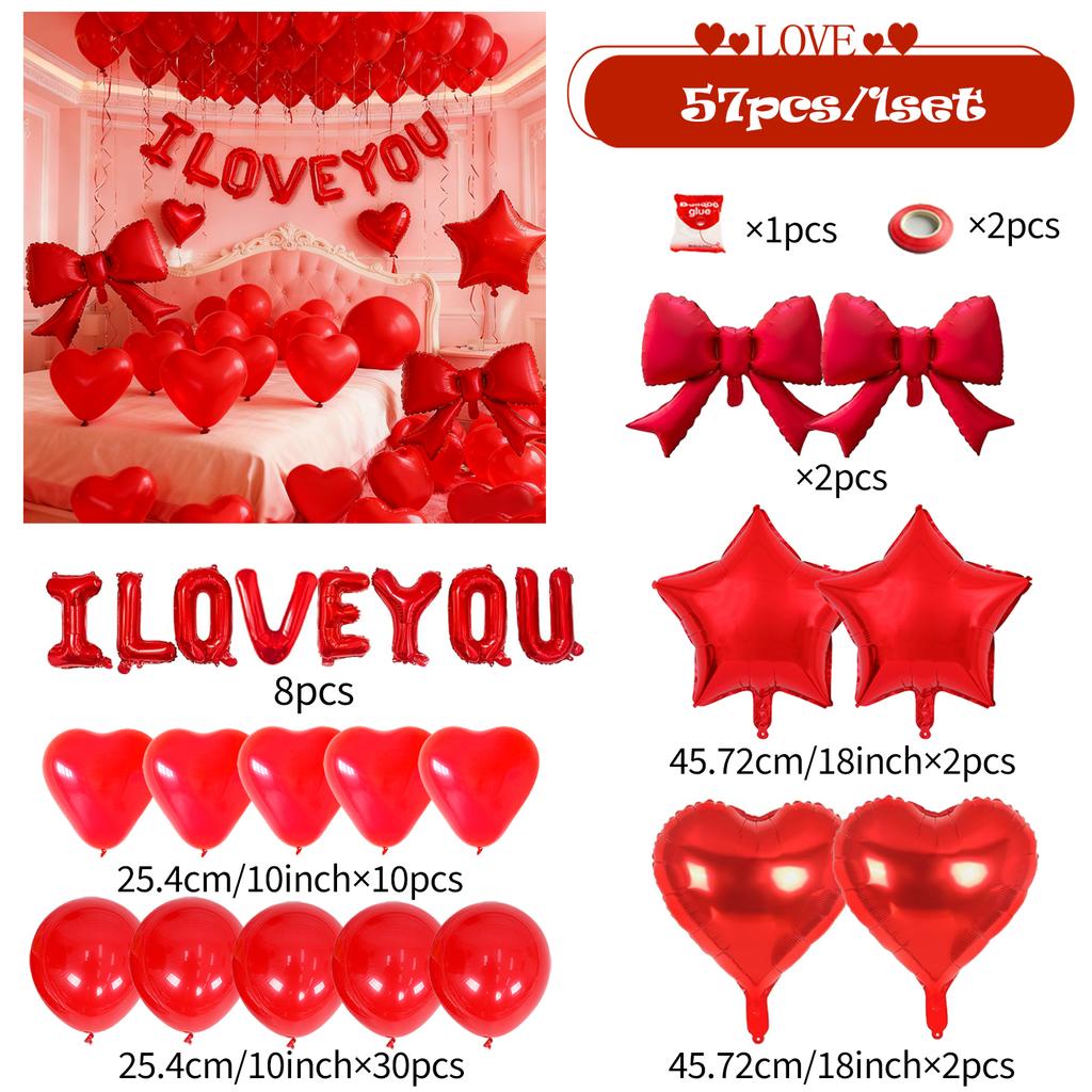 Red I LOVE YOU Balloon Set with Red Bow Star Aluminum Film Balloon Valentine's Day Wedding Anniversary Birthday Party Decoration