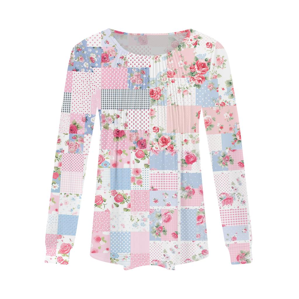 Women's Fashion Casual Pleated Round Neck Vintage Floral Print Long Sleeve T,Shirt Top