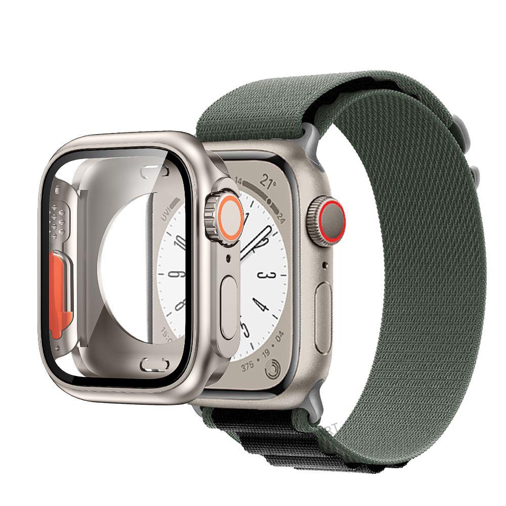 Correa de nailon con cubierta de vidrio para Apple Watch, carcasa de 44mm, 45mm, 40mm y 41mm, Protector de pantalla con correa, IWatch Series 56 Se 7 8, giro a Ultra