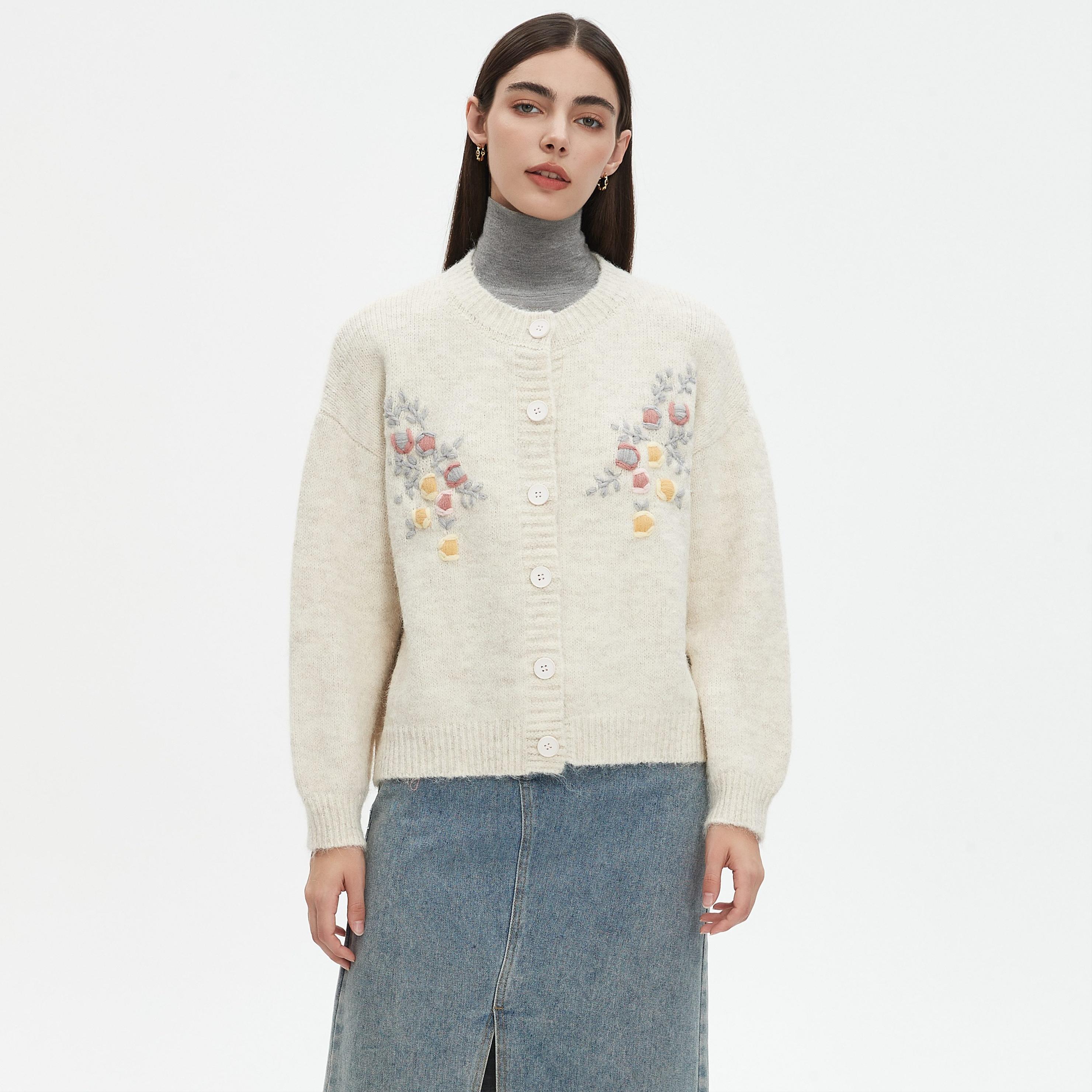 

DIMANAF 2025 Свитеры Пуговицы Вышивка Кардиган Осень Карманы Женские С принтом Свитеры Вязание Свободный Свитер One Size бежевый