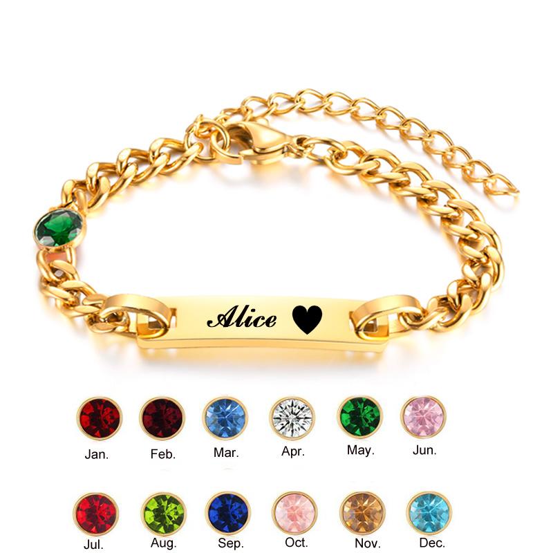 Personalized Little Girl Boy Bracelet with Birthstone,Customzied Name Curb Chain Adjustable Birthday Gift