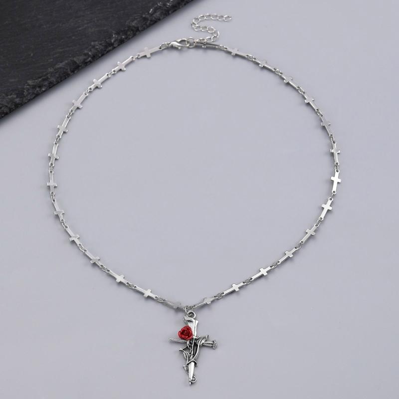 Alloy Rose Crucifix Pendant Necklace For Everyday Wear Religious Symbol Jewelry Gift With Adjustable Chain Design