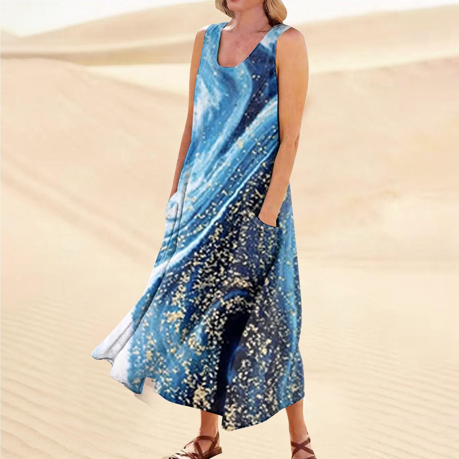 

Жіноча літня повсякденна модна сукня без рукавів із круглим вирізом і кишенями з принтом S синій