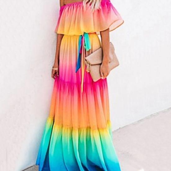 Dámské šaty s odhalenými rameny, květinový potisk, tenké, velký lem, pásek, maxi šaty, streetové oblečení