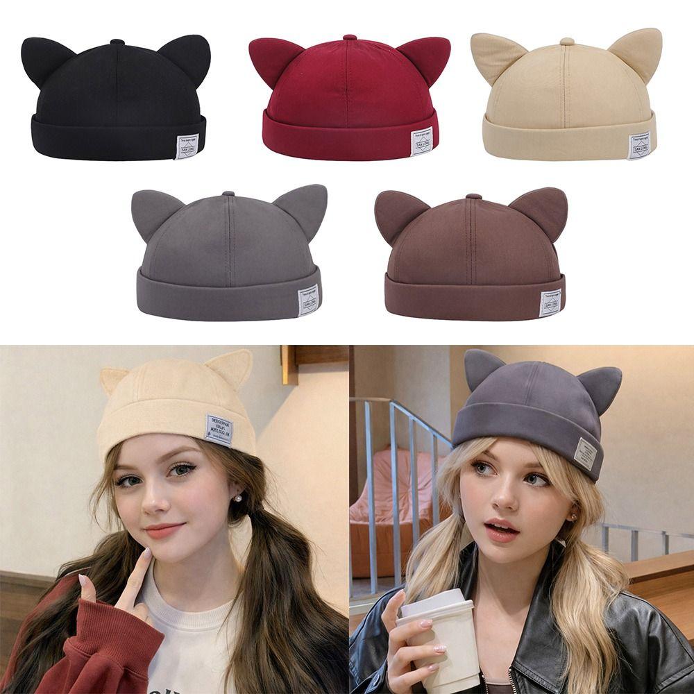 Fashion Cotton Cat Ears Landlord Hat Adjustable Solid Color Melon Skin Hat Hip Hop Brimless Docker Cap Outdoor
