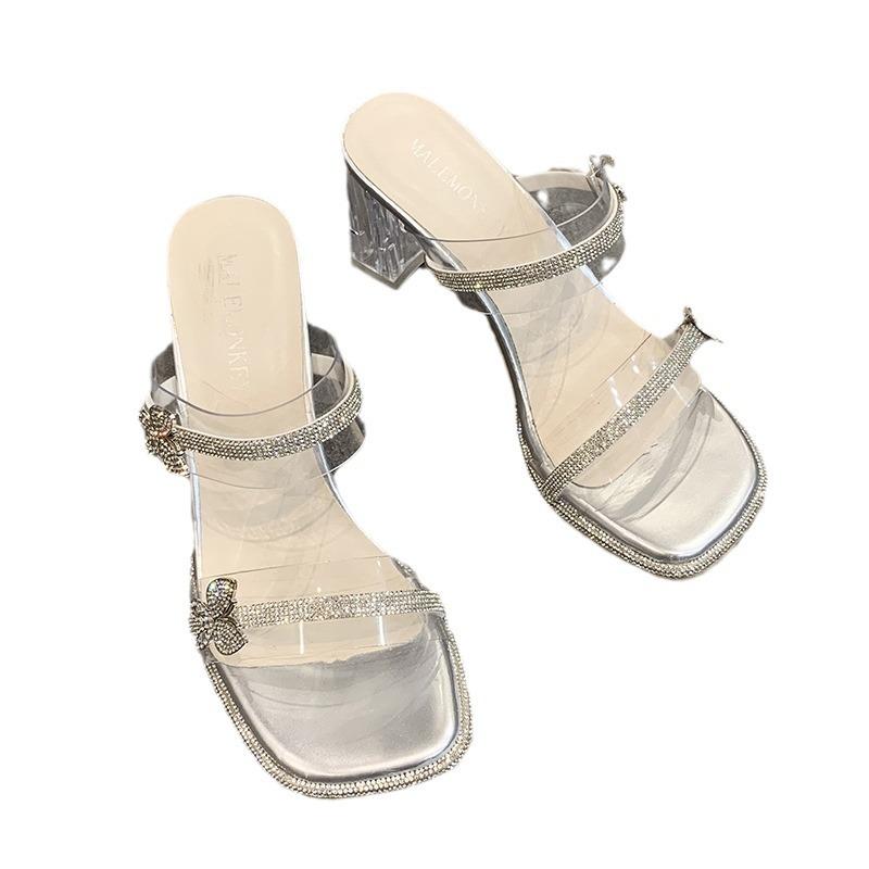 Fairy Wind Crystal Thick Heel Slippers Female Outer Wear 2025 Summer New Beautiful Transparent Rhinestone Temperament One-word Drag
