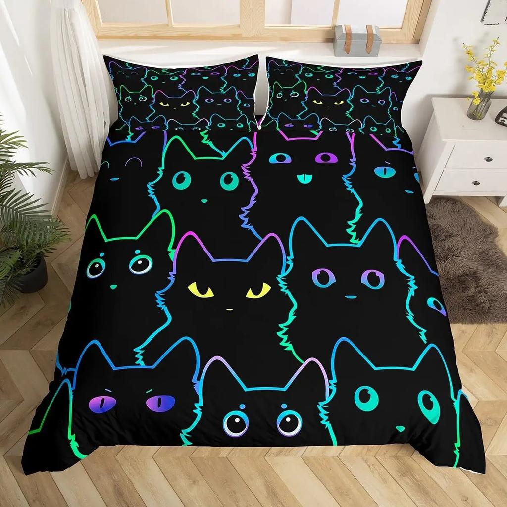 Cartoon Black Cat Duvet Cover Watercolor Flower Bedding Set Pet Animals Botanical Comforter Cover Romantic Rustic Quilt Cover