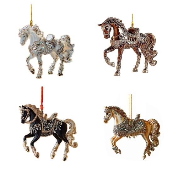 4 Stück Pferdeornamente für Weihnachtsbaum Metallische Strasssteine Pferde Weihnachtsanhänger Pferdegeschenke für Frauen Mädchen Pferdeliebhaber