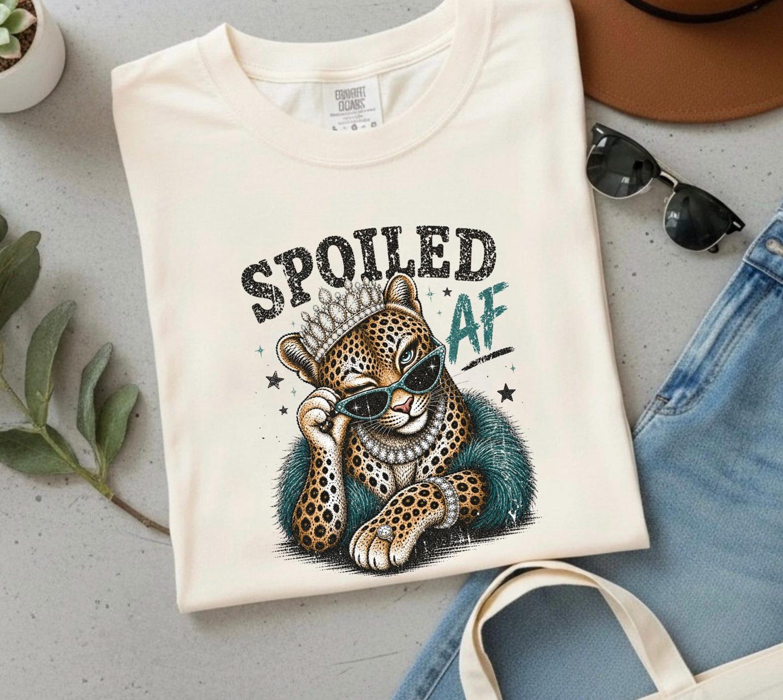 Spoiled AF Leopard Graphic Tee, Glam Jeweled Crown Cheetah Shirt, Vintage Distressed Style S