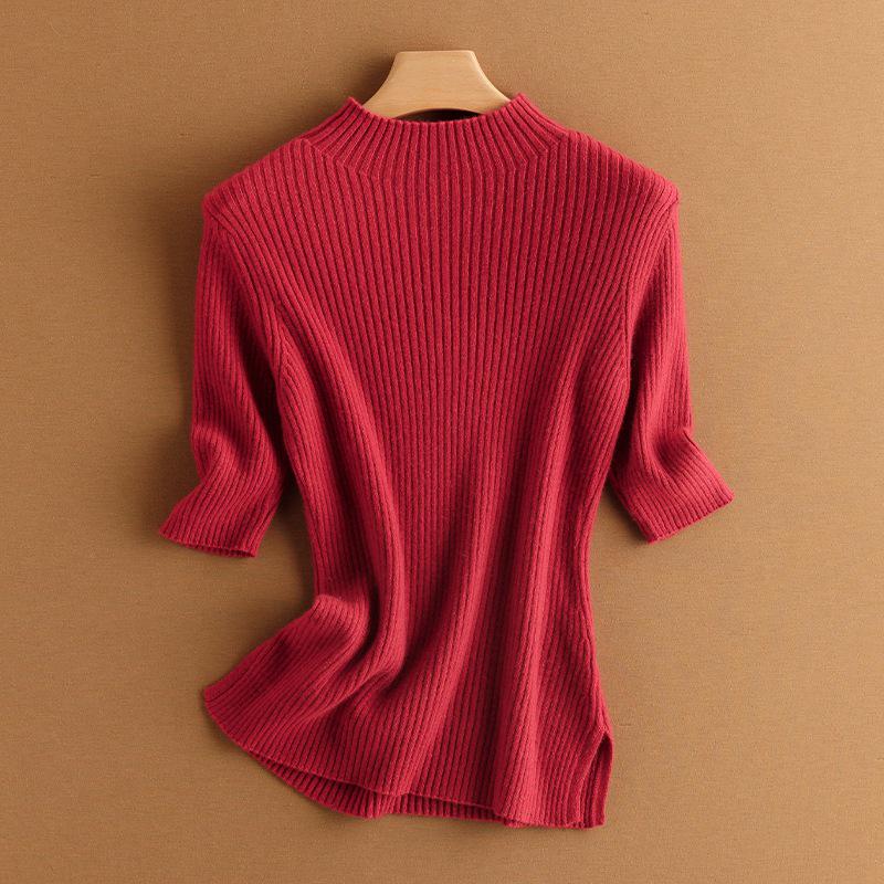 Women's Slimming High-Neck Cashmere Sweater - Half-Sleeve, Five-Gauge Knit, Spring Slim-Fit