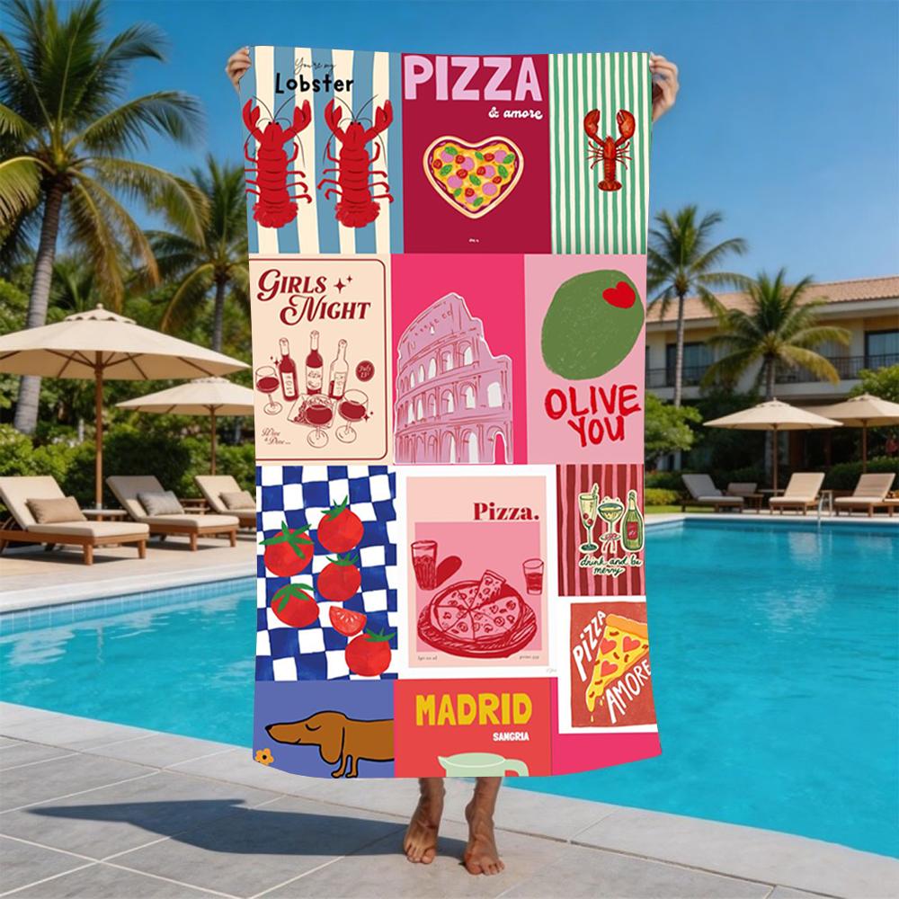 Madrid Italie Pizza Homard Patchwork Rétro Serviette de Plage Douce Lavable Pour Fête de Piscine Voyage à la Plage Vacances Voyage Spa Salle de Sport