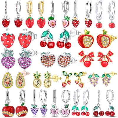 Koperen Oorbellen Vrouwen Meisje Schattig Zirconia Fruit Serie Kers Aardbei Appel Druif Oorbellen Jubileum Sieraden Cadeau
