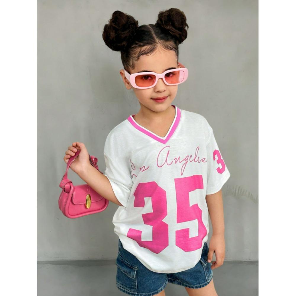 Girls Casual Sports Style Los Angeles NO.35 Pattern Color Block Print Short Sleeve V-Neck Women's Children T-shirt Tops