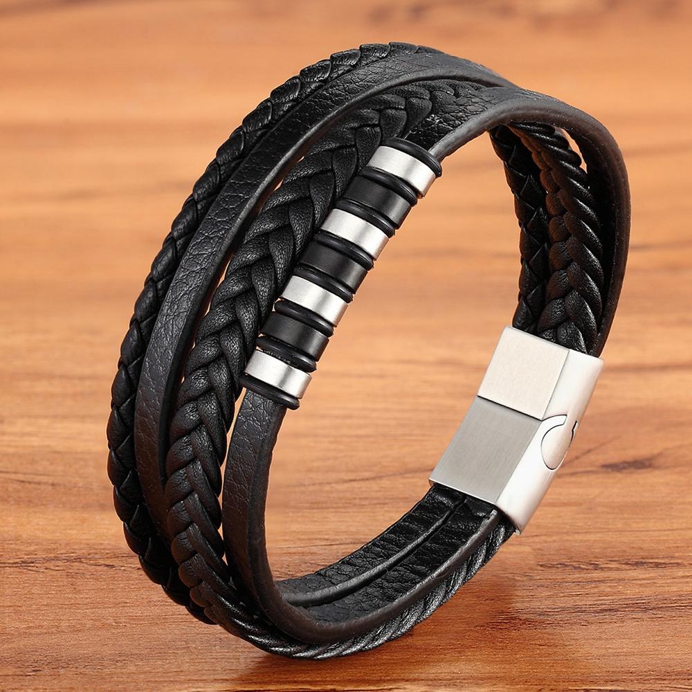 MenneM Multi Layered Stainless Steel Wrap Bracelet Men Women Black Wrist Band Custom Name Gold Plated Geometric Charm Trendy