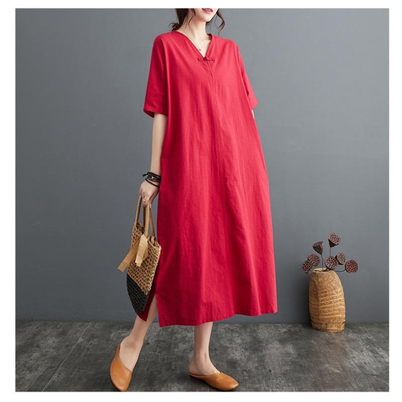 Summer New Cotton and Linen Artistic Retro Pullover Buckle Dress A-line Long Skirt