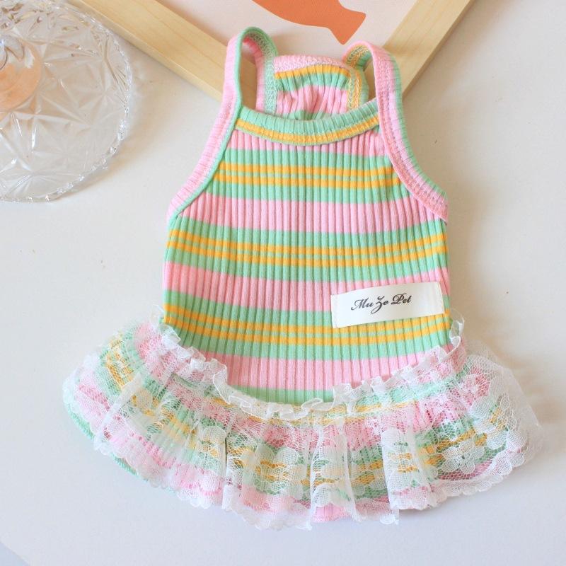 Puppy Summer Clothes Pet Outfit Lace Striped Dog Dress Cat Vest Chihuahua Bichon Yorkie Suspenders Skirt Cute Female Dog Tshirt