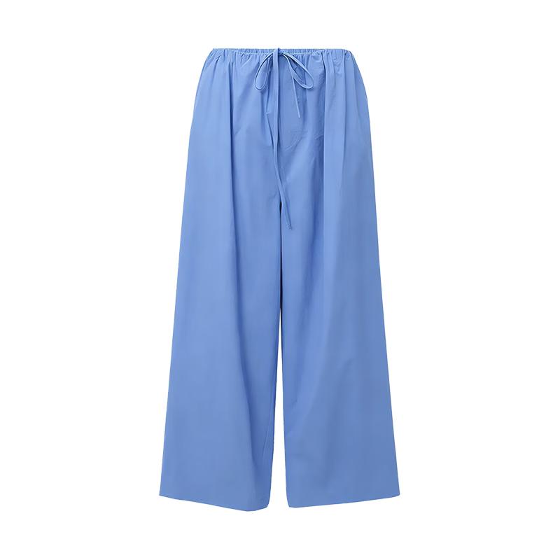GREEN BELT Summer Blue Cotton Loose Fit Curved-Leg Pants S