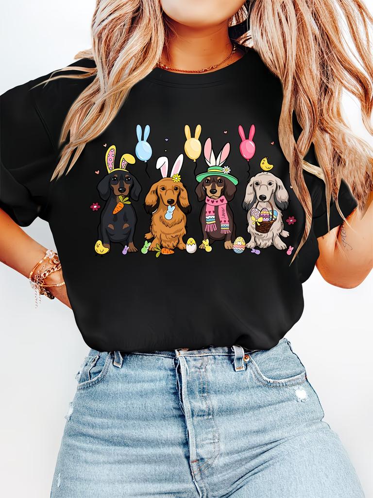 Womens Vintage Dachshund with Bunny Ears TShirt Short Sleeve Round Neck Top Suitable for Spring Summer Fall