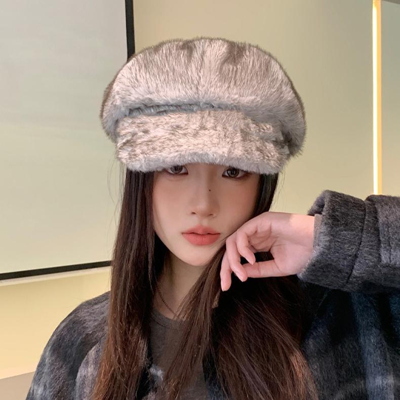 Autumn and Winter Hat Women's New Plush Cap Fashionable Warm Windproof Ear Hat Imitation Fur Octagonal Hat