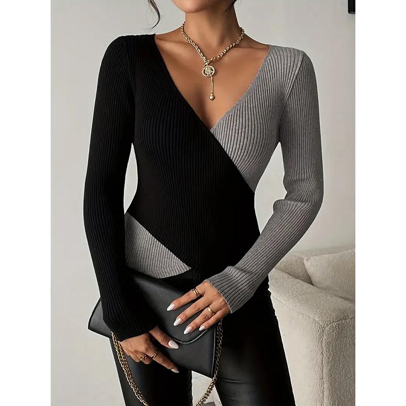 Women's V-Neck Cross Knitted Short Base Shirt Slim Fit Autumn New Design Sensation Comfortable Casual Style Long Sleeve Top
