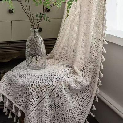 Lace Pattern Vintage Rod Pocket Curtains Tassel Design Knitted Lace Curtains  Window Treatment
