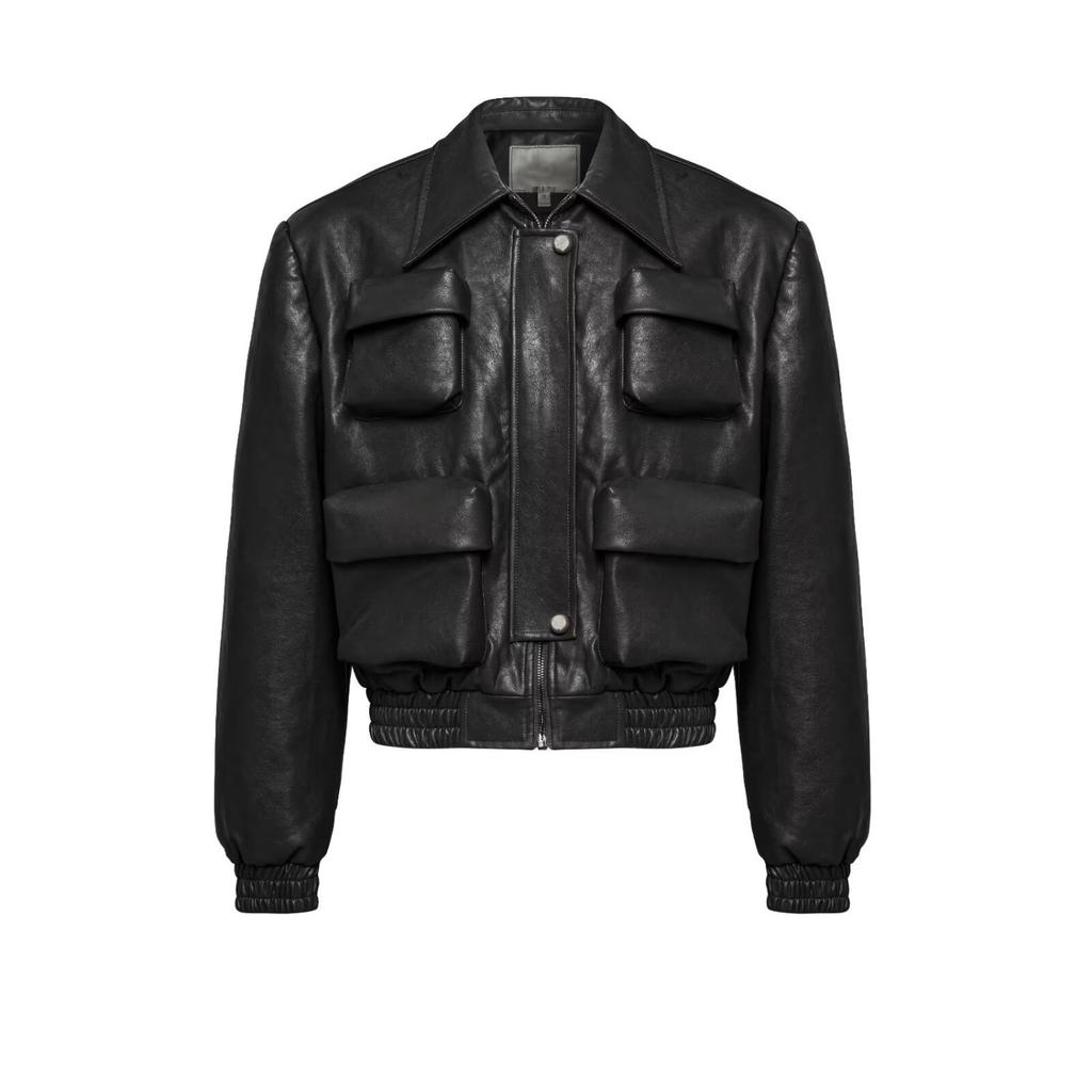 American retro high-end silhouette short leather jacket men's and women's multi-pocket lapel ruffian handsome fried street motorcycle leather jacket