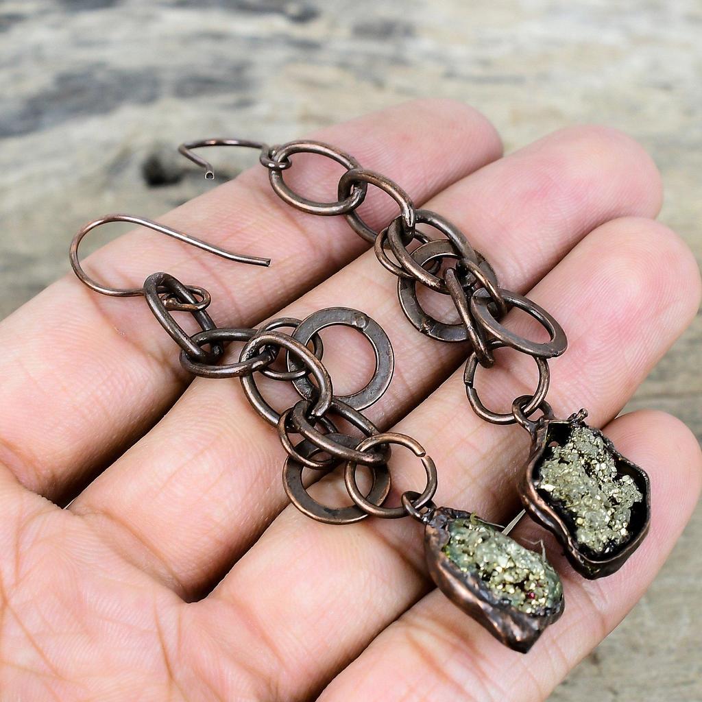 Pyrite Rough Earring Electroformed Copper Earrings Gemstone Jewelry Unique Earring Electroformed Jewelry Gifts for Mother Handmade Earrings