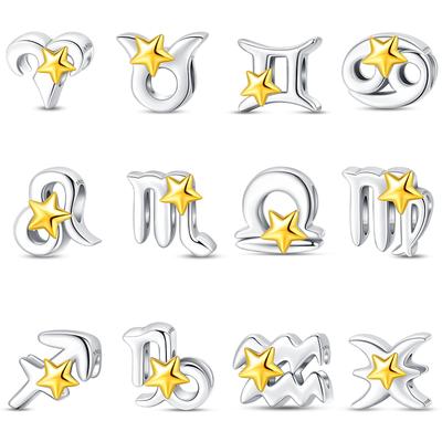 S925 kolor srebrny 12 konstelacji Charms złota gwiazda zodiaku koraliki Fit oryginalne bransoletki grzywny DIY biżuteria urodzinowa prezent