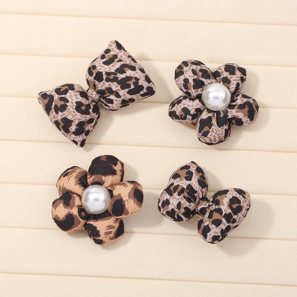 New Korean Pearl Leopard Print Padded Flower Hair Clip with Bow
