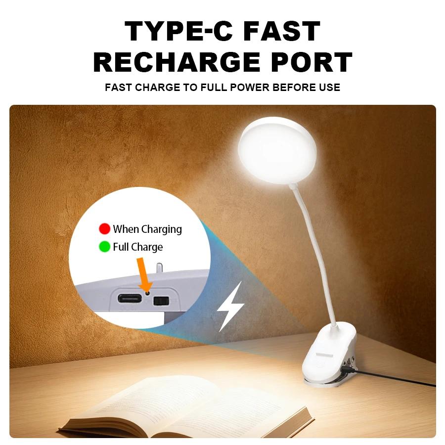 USB Rechargeable Folding Clip On Desk Lamp Touch Control 3 Level Dimming Eye Care Reading Light Portable Night Light