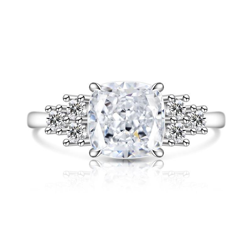 925 Sterling Silver Fashion Light Luxury Ice Flower Cut Square Crystal Zircon Ring Birthday Party Anniversary Gift белый