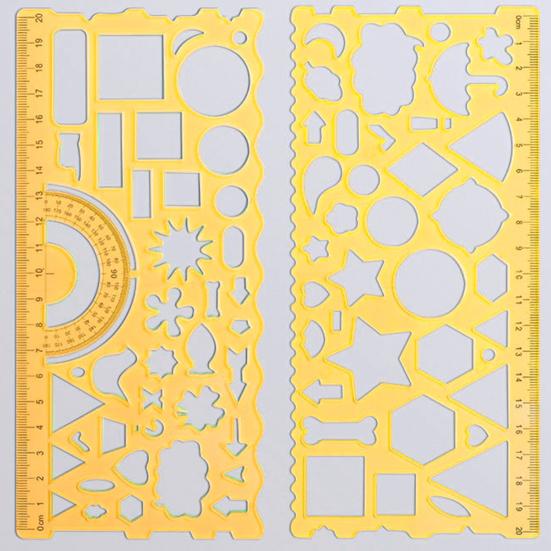 2Pcs Student Ruler Multifunctional Drawing Stationery Multi Shaped Hollowed-out Geometry Ruler with Protractor for School