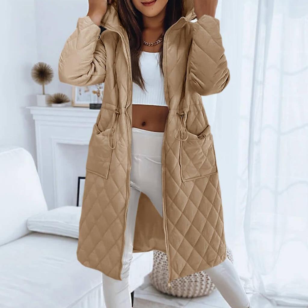 Womens Long Quilted Jackets Zip Up Hooded Drawstring Waist Coats With Pockets