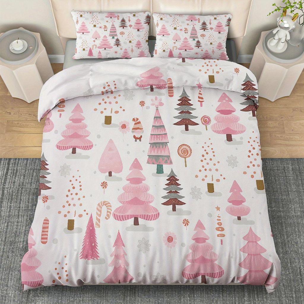 3Pcs Pink Christmas Tree & Candy Snowflake Duvet Cover Set - Soft Comfortable Polyester Bedding With Zipper Closure