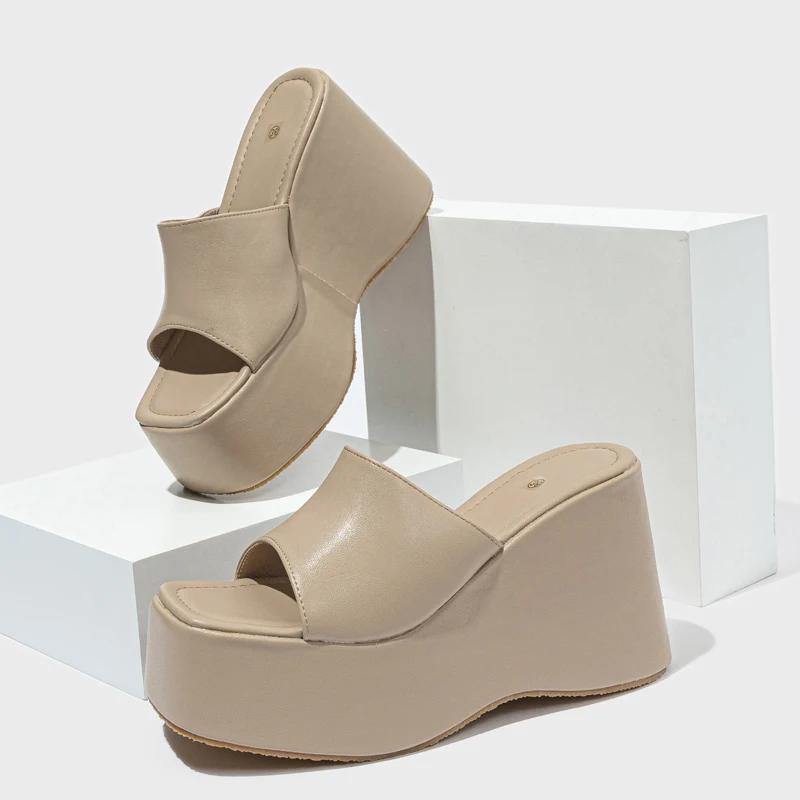 

Eilyken Летние женские туфли-тапочки с квадратным носком на платформе и танкетке, модные женские сандалии на толстой подошве и высоком каблуке 37 абрикосовый