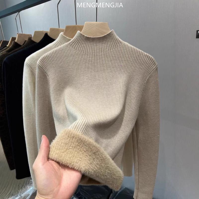 Damen Winter Strickpullover mit Samtfutter - Halber Rollkragen, Einfarbig, Warmes Innenoberteil