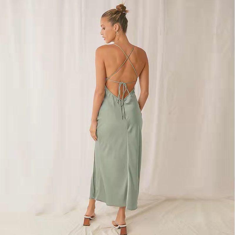 2022 European and American Sexy Satin Backless Lace-up Dress