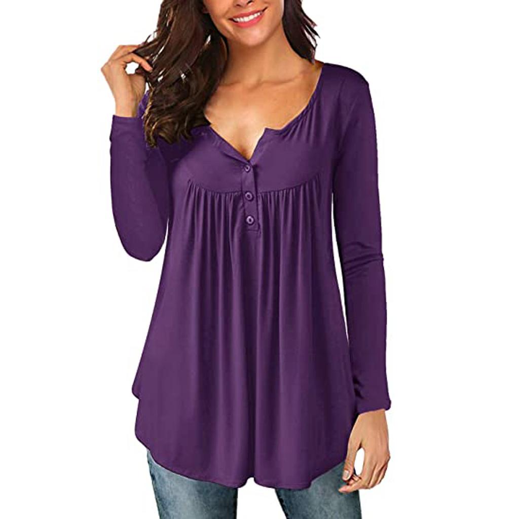 Ladies Fashion V-neck Button Pleated Long-sleeved Sleeves Two-wear Loose Top