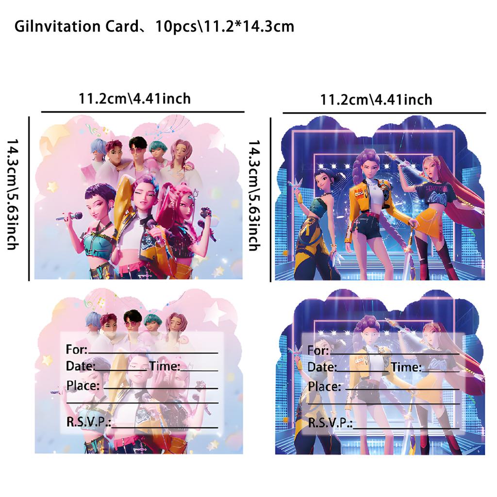 12PCS Kpop Demon Hunters Theme Invitation Cards Single & Double Sided Cute Cartoon Birthday Party Invitation Cards for Kids Fans