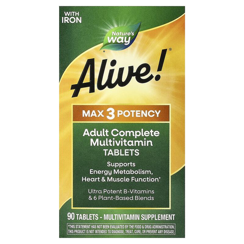 Alive!® Max3 Potency, Adult Complete Multivitamin, With Iron, 90 Tablets