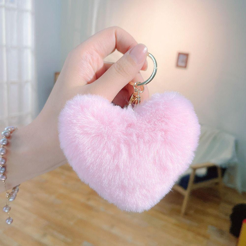 Love Heart Plush Bag Pendant Fluffy Ball Car Key Ring Imitation Rabbit Fur Solid Color Key Chain Bag Accessories