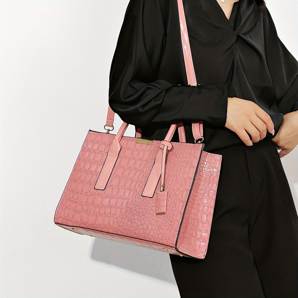 Elegant Crocodile Pattern Tote Bag, Luxury Top Handle Handbag, PU Leather Purse For Women