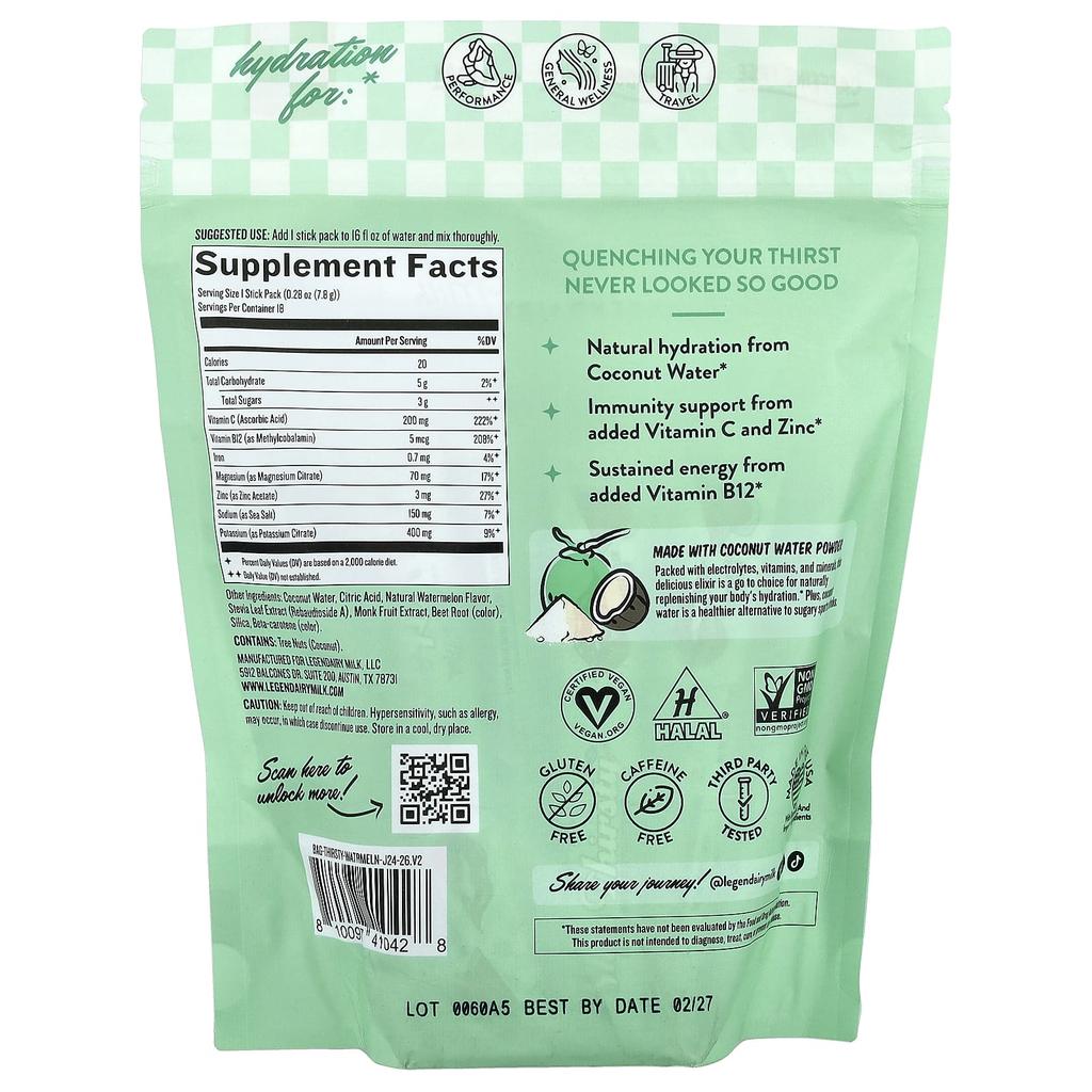 She'S Thorsty®, Coconut Water Electrolyte Mix, Watermelon, 18 Stick Packs, 7.8G (0.28Oz) Each