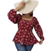 Women's Long Sleeve Square Neck Waist Printed Floral Shirt