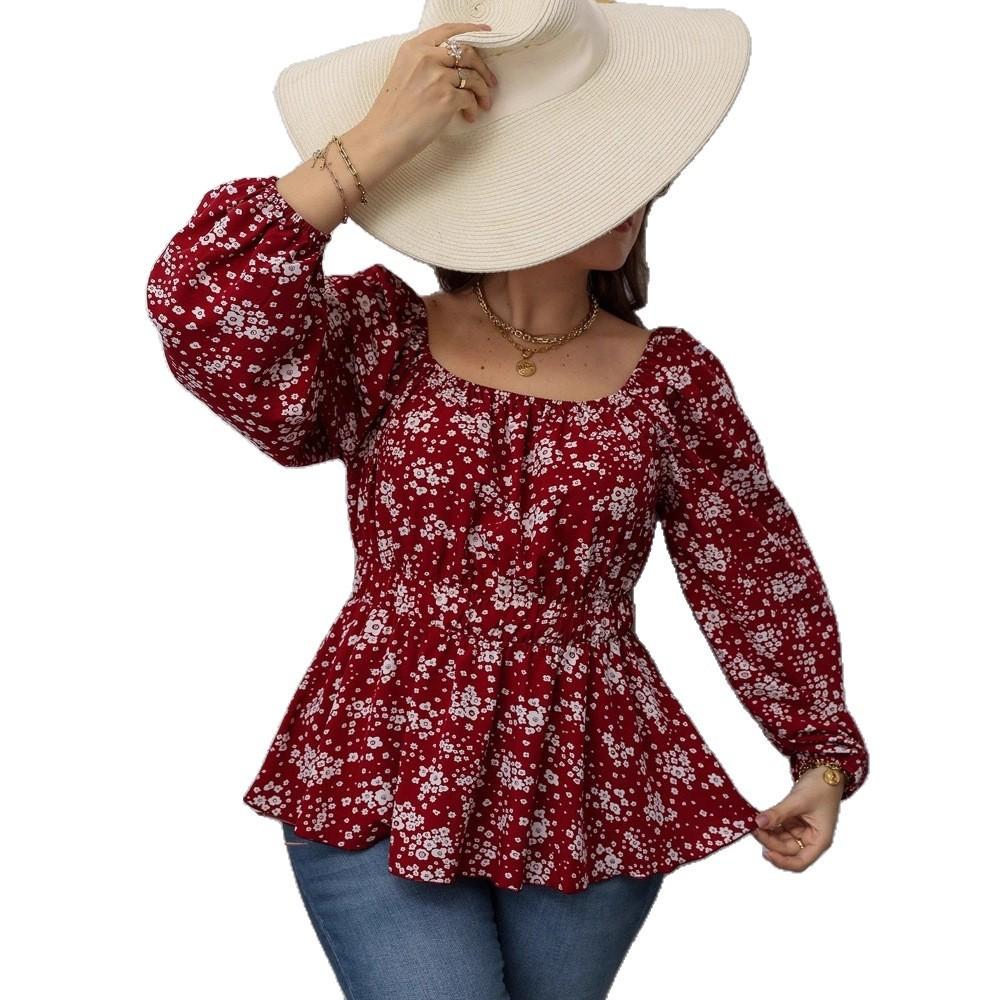 Women's Long Sleeve Square Neck Waist Printed Floral Shirt