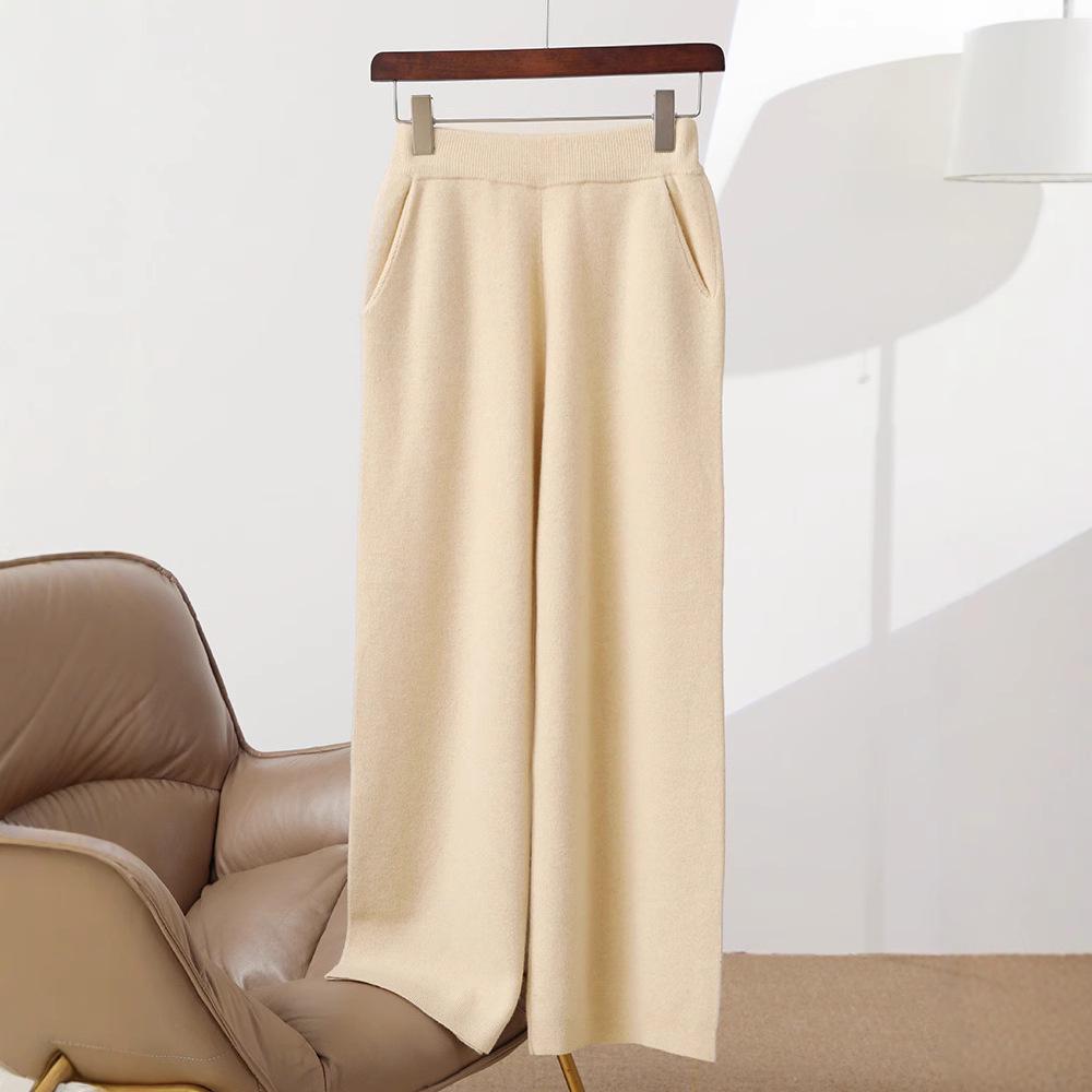 Dámské podzimní/zimní splývavé pletené kalhoty s vysokým pasem a širokými nohavicemi ze 100% vlny – Měkké, všestranné, ležérní, až na zem